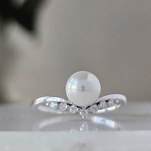 Dainty Pearl Wishbone Ring, 925 Sterling Silver Charmed Aroma - Picture 6 of 8